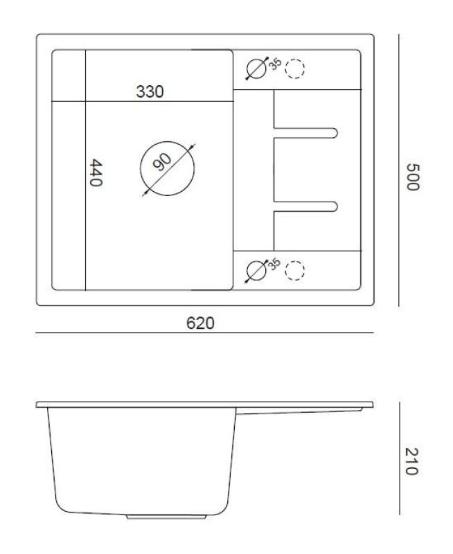Quadri Dalton antraciet granieten opbouw spoelbak met afdruipvlak 62x50cm met koperen plug 1208967572