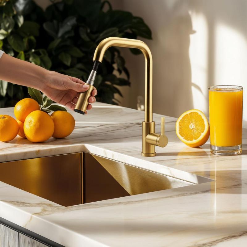 Pure.Sink Elite Steel Crystal-S keukenkraan PVD geborsteld goud met uittrekbare uitloop PS8050-60