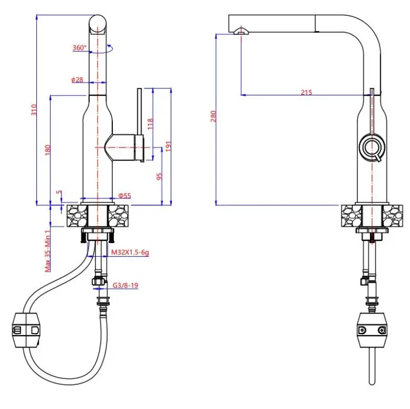 Quadri Stamford Keukenmengkraan Zwart met PVD Gouden Afwerking en Uitneembare Uitloop 1208967688