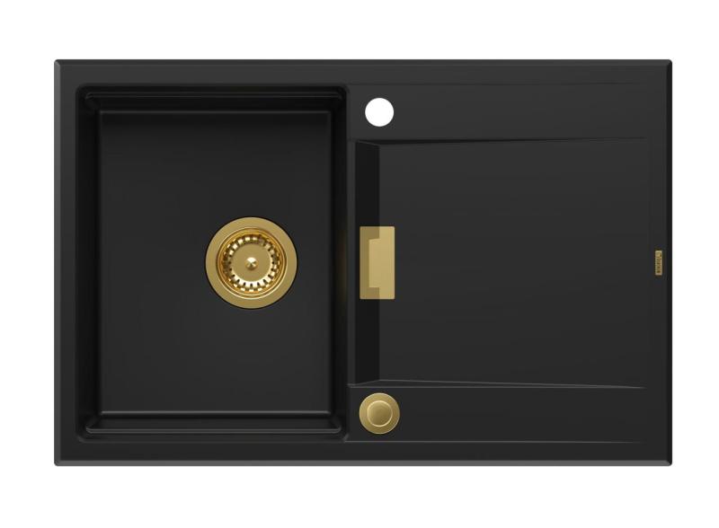 Quadri Minton Granieten Opbouw Zwarte Spoelbak 76x50cm met Afdruip Omkeerbaar en Goud Plug 1208967739