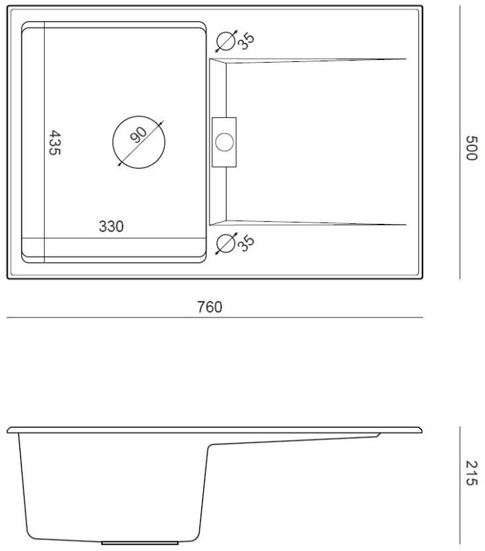 Quadri Minton Granieten Opbouw Antraciet Spoelbak 76x50cm met Afdruip Omkeerbaar en RVS Plug - 1208967744