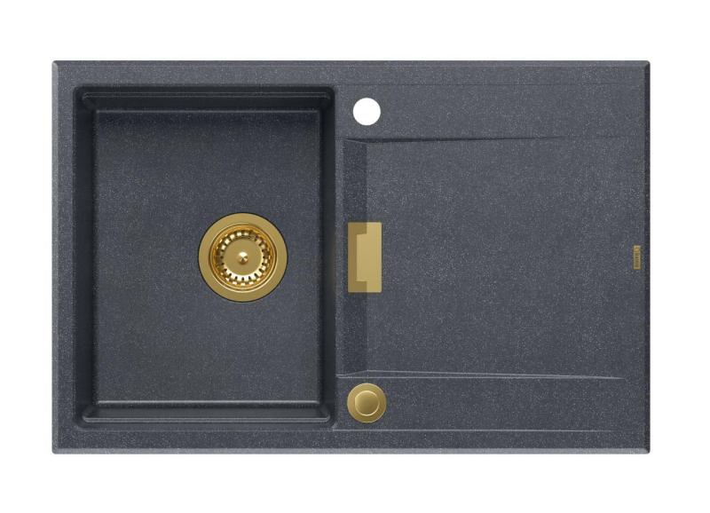Quadri Minton Granieten Opbouw Antraciet Spoelbak 76x50cm met Afdruip Omkeerbaar en Gouden Plug - 1208967745