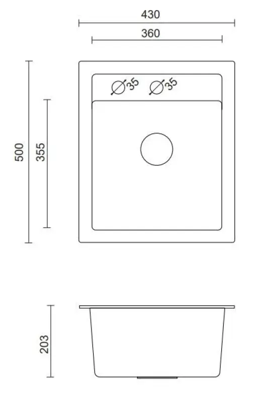 Quadri Londen Graniet Grijs Spoelbak 43x50cm met Kraangatbank en RVS Plug - 1208967765