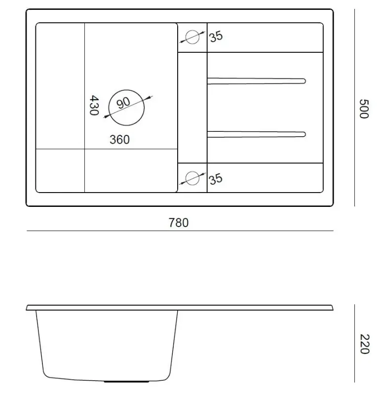 Quadri Sheffield Witte Granieten Opbouw Spoelbak 78x50cm met Afdruipgedeelte en Koperen Plug - 1208967803