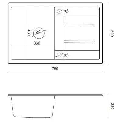 Quadri Sheffield Zwarte Granieten Opbouw Spoelbak 78x50cm met Afdruipgedeelte en RVS Plug - 1208967805