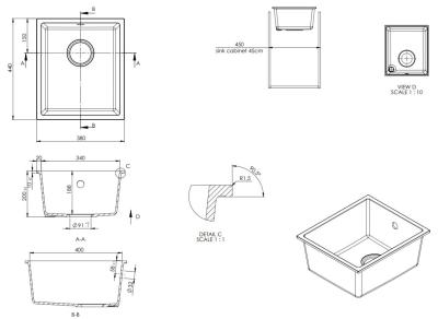 GraniteMy Universal Witte Granieten Spoelbak 34x40 cm wit opbouw onderbouw en vlakinbouw met gun metal plug  1208967904