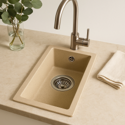 GraniteMy Universal granieten beige zand kleine spoelbak 17x40 cm opbouw onderbouw en vlakinbouw met rvs plug 1208968002