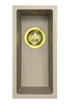 GraniteMy Universal granieten beige zand kleine spoelbak 17x40 cm opbouw onderbouw en vlakinbouw met gouden plug 1208968003