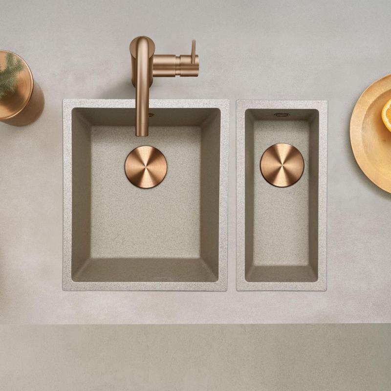 GraniteMy Universal granieten beige zand spoelbak 34x40 cm opbouw onderbouw en vlakinbouw met koperen plug 1208968009