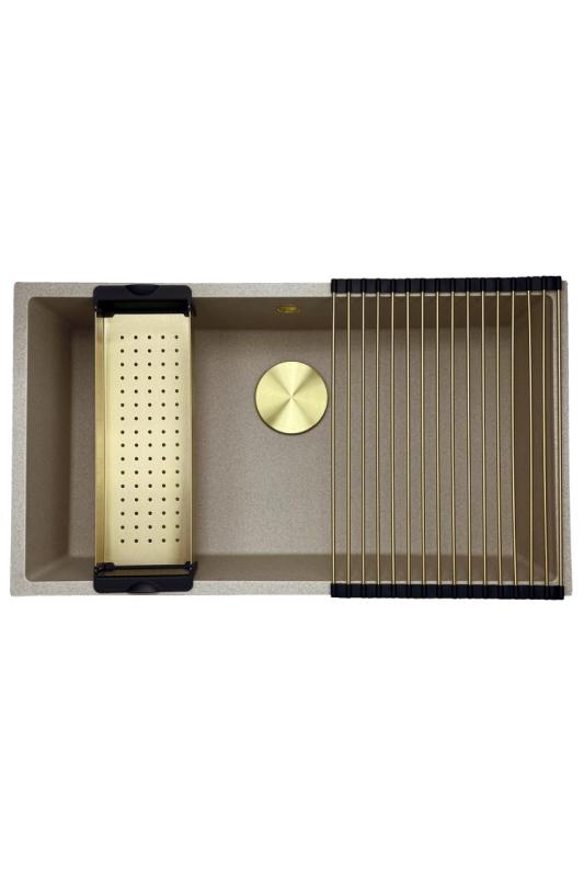 GraniteMy Universal granieten beige zand spoelbak 74x40 cm opbouw onderbouw en vlakinbouw met gouden plug 1208968018