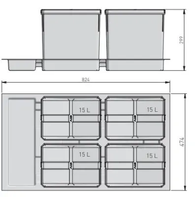 Garbi Basket B-90-T-4 Sorteer Afvalsysteem voor Lade 90cm - Inclusief Houder en 4 x 15 Liter Afvalbakken 1208969545