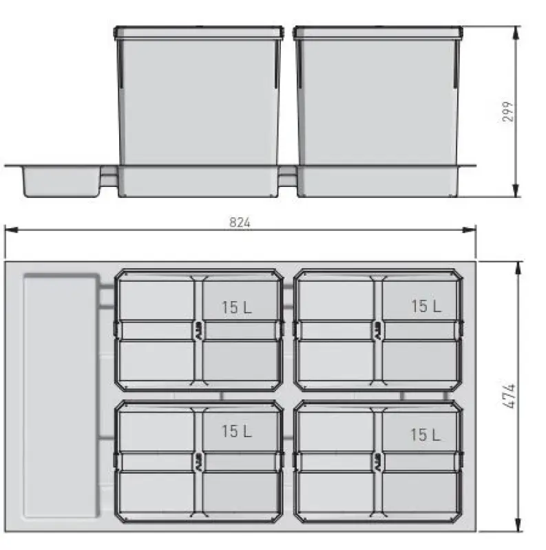 Garbi Basket B-90-T-4 Sorteer Afvalsysteem voor Lade 90cm - Inclusief Houder en 4 x 15 Liter Afvalbakken 1208969545