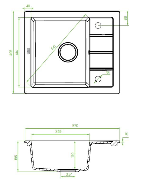 Aquadesign Somerset Granieten Opbouw Spoelbak Antraciet met kleine Afdruipgedeelte 570 x 495 mm 1208970084