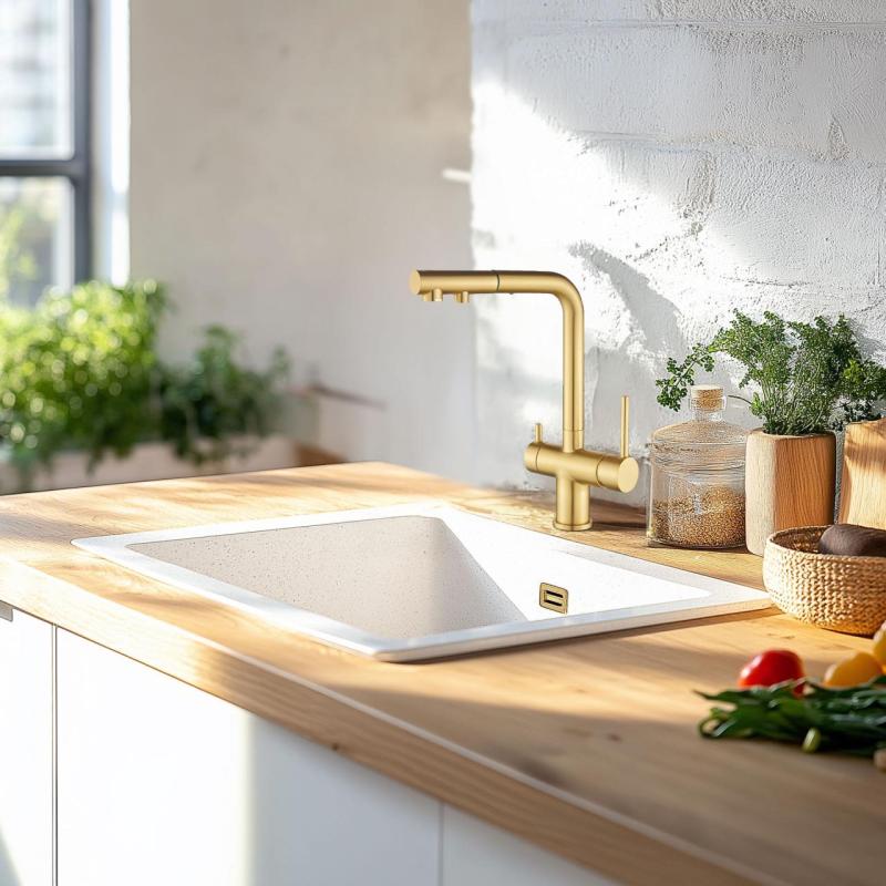 Ausmann Ellington 3-Weg Keukenmengkraan met Uittrekbare Uitloop en Gefilterd Water – Goud- 1208970498