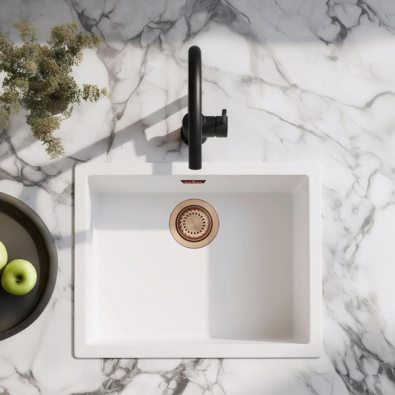 Witte Spoelbak 50x40 cm Onderbouw, Opbouw en Vlakinbouw met Koperen Plug 1208970533