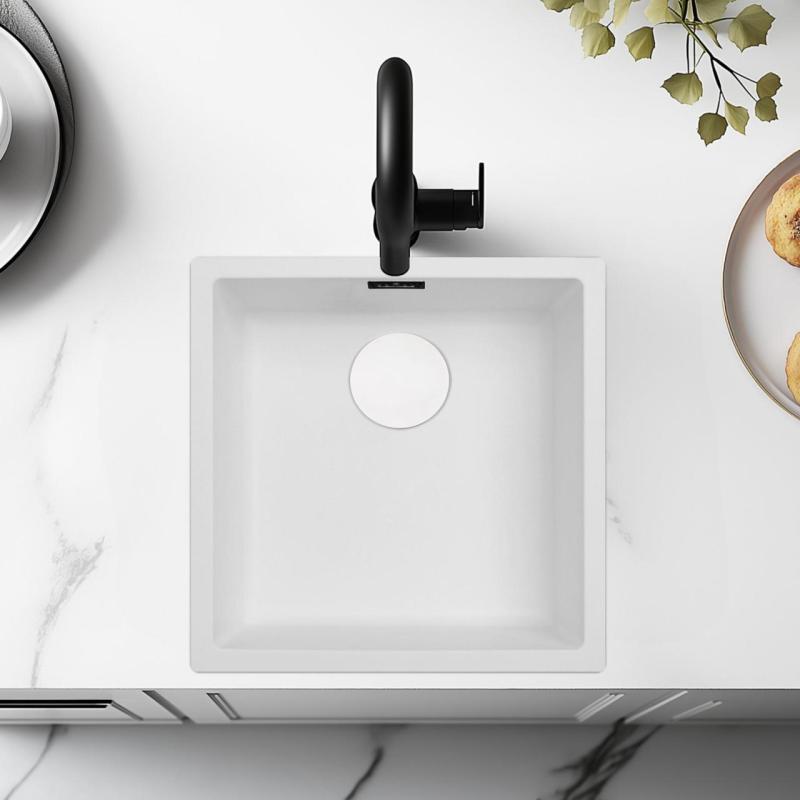 Witte Spoelbak 40x40 cm Onderbouw, Opbouw en Vlakinbouw met Witte Plug 1208970536