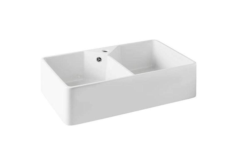Ausmann Ceramic Mira Keramische Witte Dubbelle Spoelbak - Onderbouw en Tussenbouw 793 x 450 mm met kraangatbank en RVS plug 1208970550