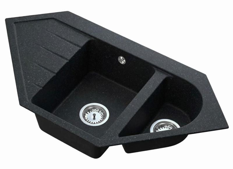Graniteland Amiata Granieten zwart Arduin hardsteen look Hoekspoelbak opbouw 955x489mm met RVS Plug 1208970620