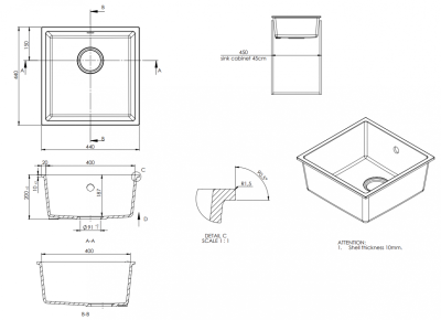 GraniteMy Universal Granieten Grijs Spoelbak 40x40 cm Opbouw, Onderbouw en Vlakinbouw met RVS Plug 1208970743