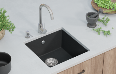 GraniteMy Universal Granieten Grijs, donker Spoelbak 40x40 cm Opbouw, Onderbouw en Vlakinbouw met Zwarte Plug 1208970747