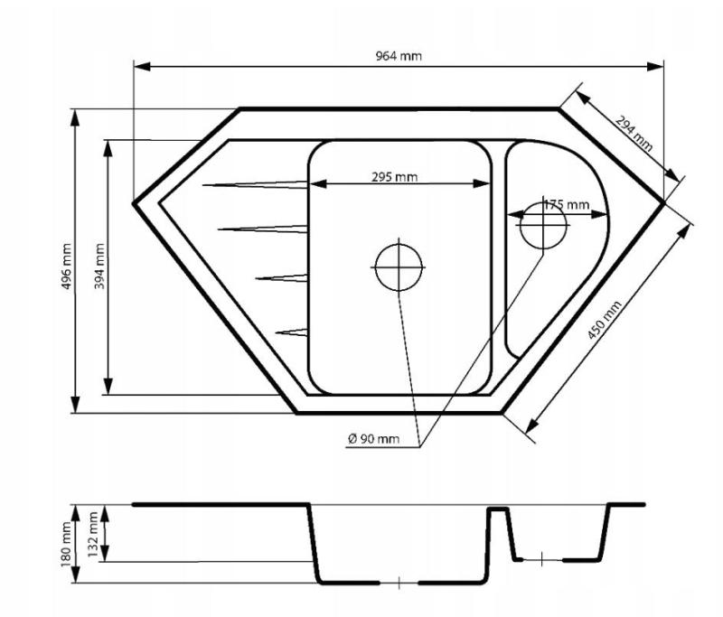 Graniteland Amiata Granieten Zwart Hoekspoelbak opbouw 965x496mm met RVS Plug 1208971120