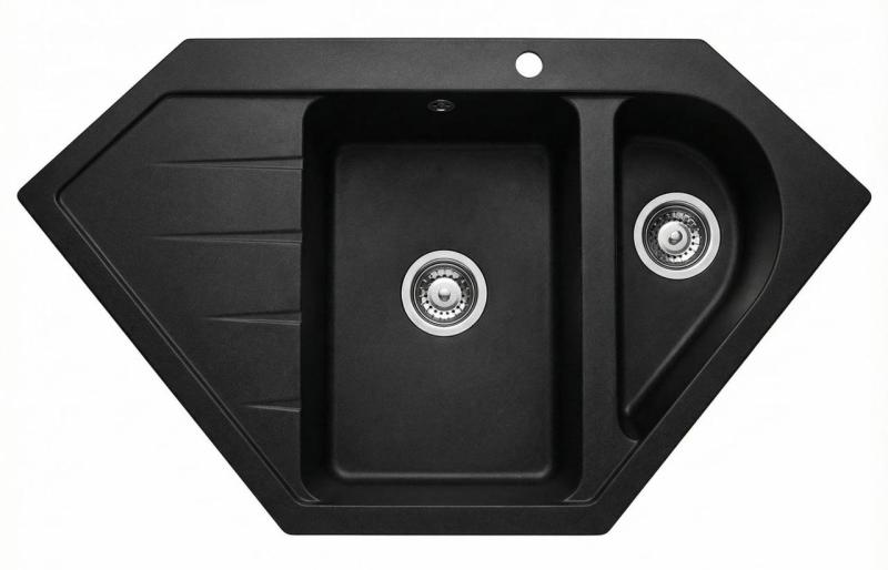 Graniteland Amiata Granieten Zwart Hoekspoelbak opbouw 955x489mm met RVS Plug 1208971120