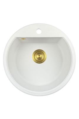 GraniteMy Bremen ronde granieten spoelbak 43 cm wit opbouw en onderbouw met kraangatbank met goud plug 1208971219
