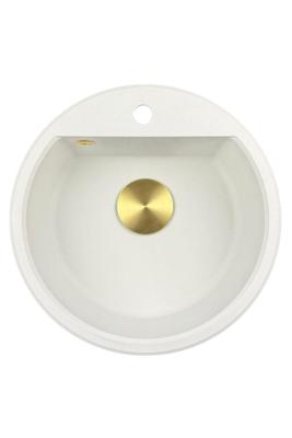 GraniteMy Bremen ronde granieten spoelbak 43 cm wit opbouw en onderbouw met kraangatbank met goud plug 1208971219