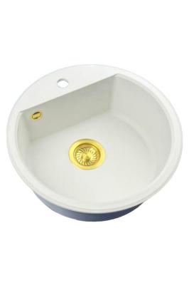 GraniteMy Bremen ronde granieten spoelbak 43 cm wit opbouw en onderbouw met kraangatbank met goud plug 1208971219