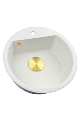 GraniteMy Bremen ronde granieten spoelbak 43 cm wit opbouw en onderbouw met kraangatbank met goud plug 1208971219