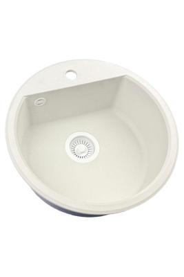 GraniteMy Bremen ronde granieten spoelbak 43 cm wit opbouw en onderbouw met kraangatbank met wit plug 1208971221