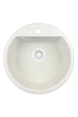 GraniteMy Bremen ronde granieten spoelbak 43 cm wit opbouw en onderbouw met kraangatbank met wit plug 1208971221
