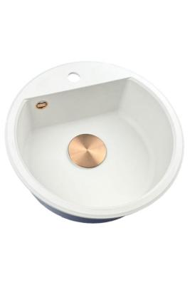 GraniteMy Bremen ronde granieten spoelbak 43 cm wit opbouw en onderbouw met kraangatbank met koper plug 1208971222