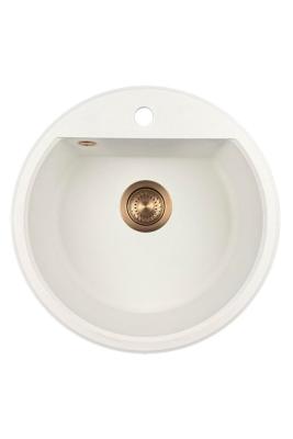 GraniteMy Bremen ronde granieten spoelbak 43 cm wit opbouw en onderbouw met kraangatbank met koper plug 1208971222