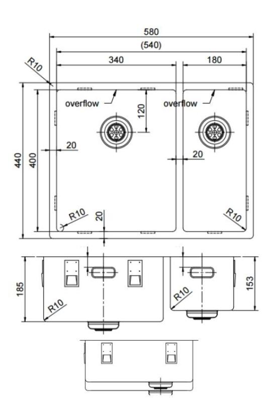 Pure.Sink Exclusivo Gun Metal 1,5 anderhalve spoelbak 34+18 cm 10mm radius PEX341840-61