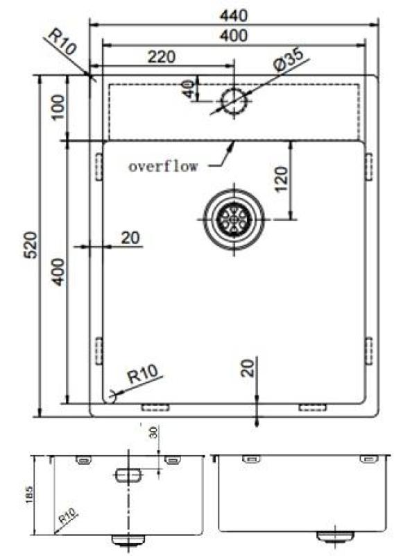 Pure.Sink Exclusivo RVS spoelbak 44x52 cm Tapwing met kraangatbank 10mm radius PEX4040T-02