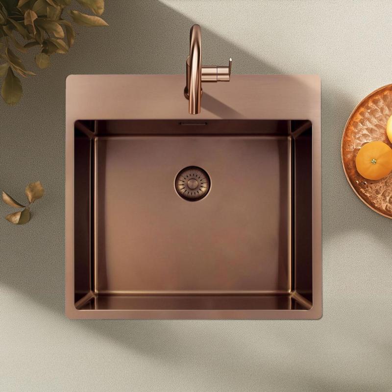 Pure.Sink Exclusivo Koperen spoelbak 54x52 cm Tapwing met kraangatbank 10mm radius PEX5040T-62