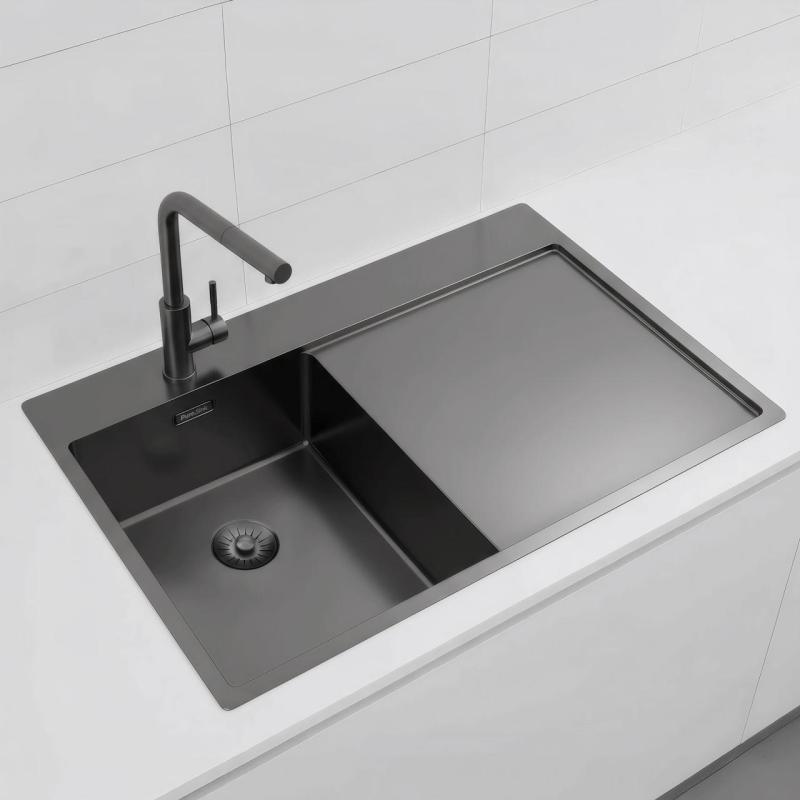Pure.Sink Exclusivo Gun Metal kleine spoelbak met afdruipgedeelte 78x52 cm Tapwing links PEX3478LT-61