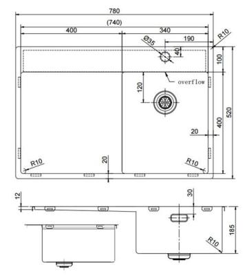 Pure.Sink Exclusivo RVS kleine spoelbak met afdruipgedeelte 78x52 cm Tapwing rechts PEX3478RT-02