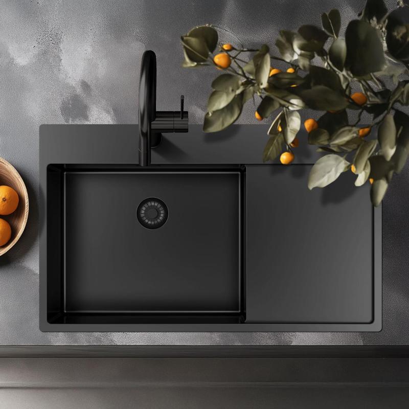 Pure.Sink Exclusivo Gun Metal spoelbak met afdruipgedeelte 86x52 cm Tapwing links PEX5086LT-61