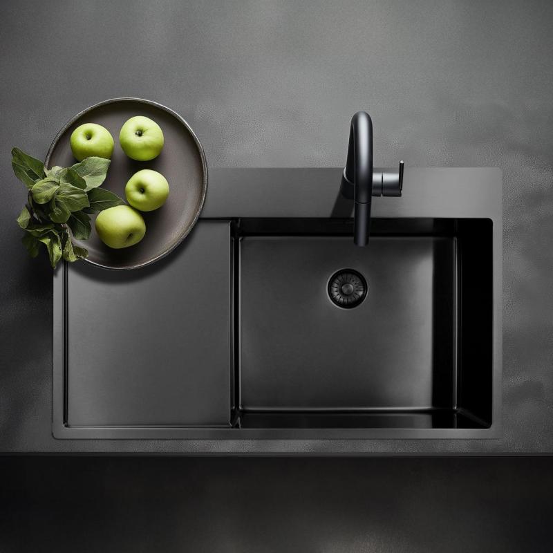 Pure.Sink Exclusivo Gun Metal spoelbak met afdruipgedeelte 86x52 cm Tapwing rechts PEX5086RT-61