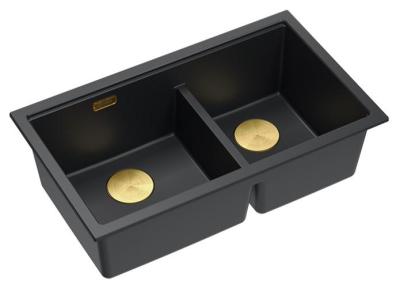 Quadri Newport II Dubbele Zwarte Graniet Onderbouw Spoelbak 702 x 390 mm met Gouden plug 1208971381