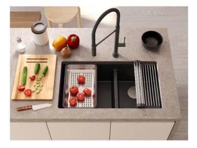 Quadri Newport II Dubbele Witte Graniet Onderbouw Spoelbak 702 x 390 mm met RVS plug 1208971383