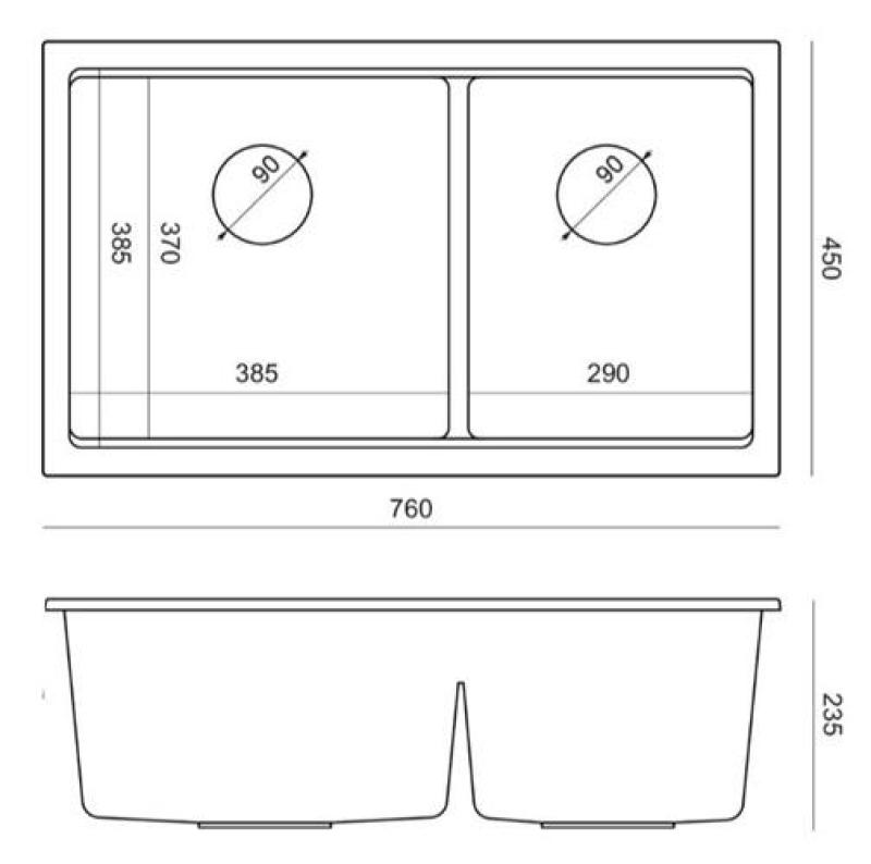 Quadri Newport II Dubbele Grijze Graniet Onderbouw Spoelbak 702 x 390 mm met RVS plug 1208971385