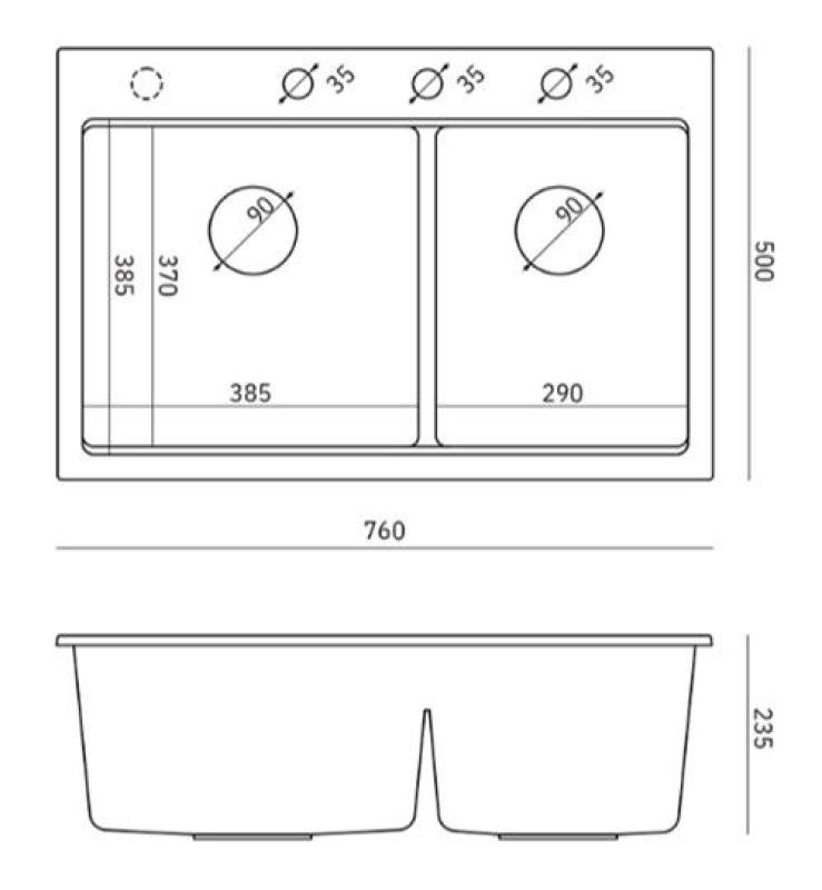 Quadri Hard Rock Dubbele Zwarte Graniet Opbouw Spoelbak 76x50 cm met Koperen plug en accessoires 1208971390