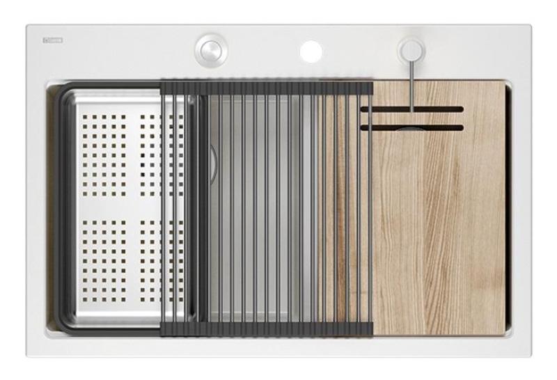 Quadri Hard Rock Dubbele Witte Graniet Opbouw Spoelbak 76x50 cm met RVS plug en accessoires 1208971398