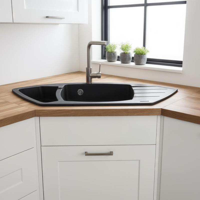 Graniteland Monte Granieten zwarte Hoekspoelbak opbouw 901x538mm met RVS Plug 1208971413