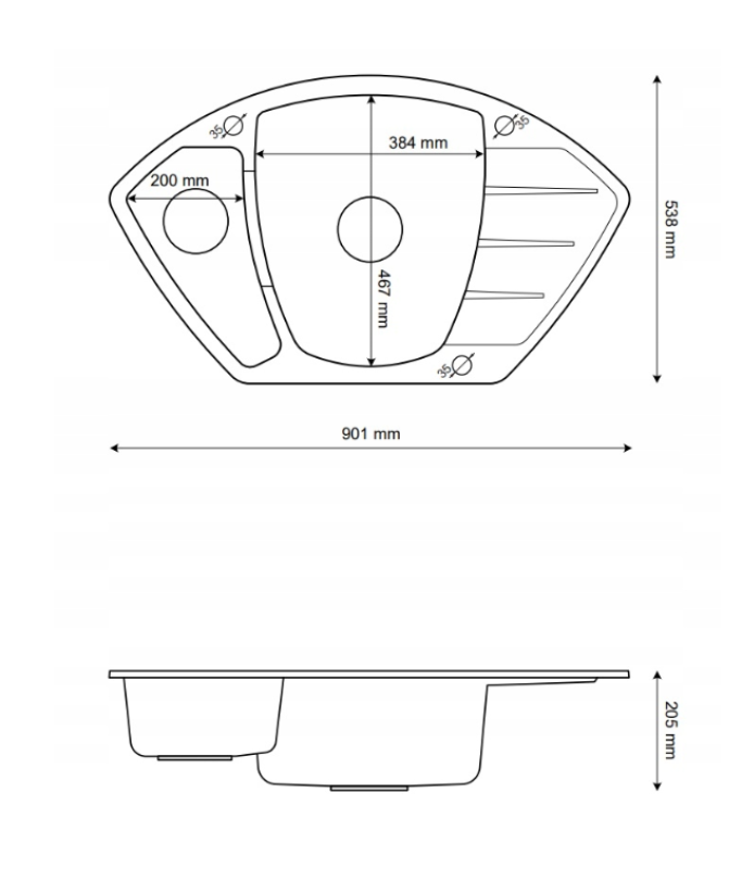 Graniteland Monte Granieten witte Hoekspoelbak opbouw 901x538mm met RVS Plug 1208971415