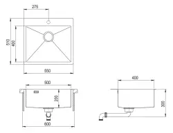 OUTLET  Schade bak Ausmann Weser RVS spoelbak antraciet kleur PVD Gun Metal 55x51 met kraangat onderbouw vlakbouw en opbouw 067144