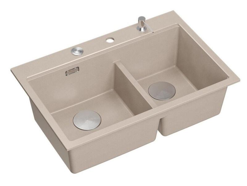 Quadri Hard Rock Dubbele Beige Graniet Opbouw Spoelbak 76x50 cm met RVS plug en accessoires 1208971749
